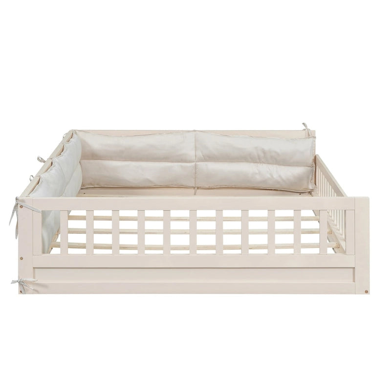 Lit plateforme pleine grandeur gris/beige avec barrières de sécurité et oreiller, 1 personne