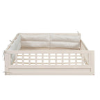 Lit plateforme pleine grandeur gris/beige avec barrières de sécurité et oreiller, 1 personne