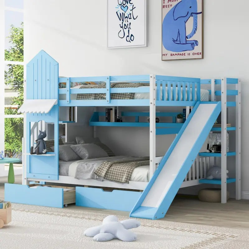 Lit superposé château plein-sur-plein gris/bleu avec toboggan, 2 tiroirs et 3 étagères – Pour 2 personnes
