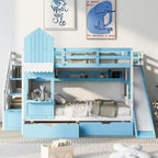 Full-Over-Full Castle Style Bunk Bed with 2 Drawers 3 Shelves and Slide