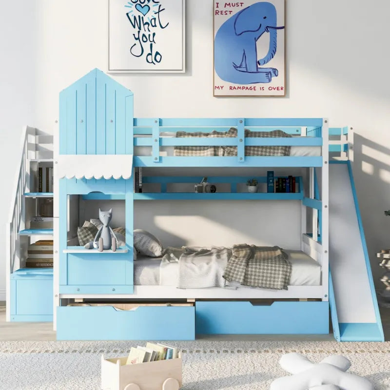 Full-Over-Full Castle Style Bunk Bed with 2 Drawers 3 Shelves and Slide