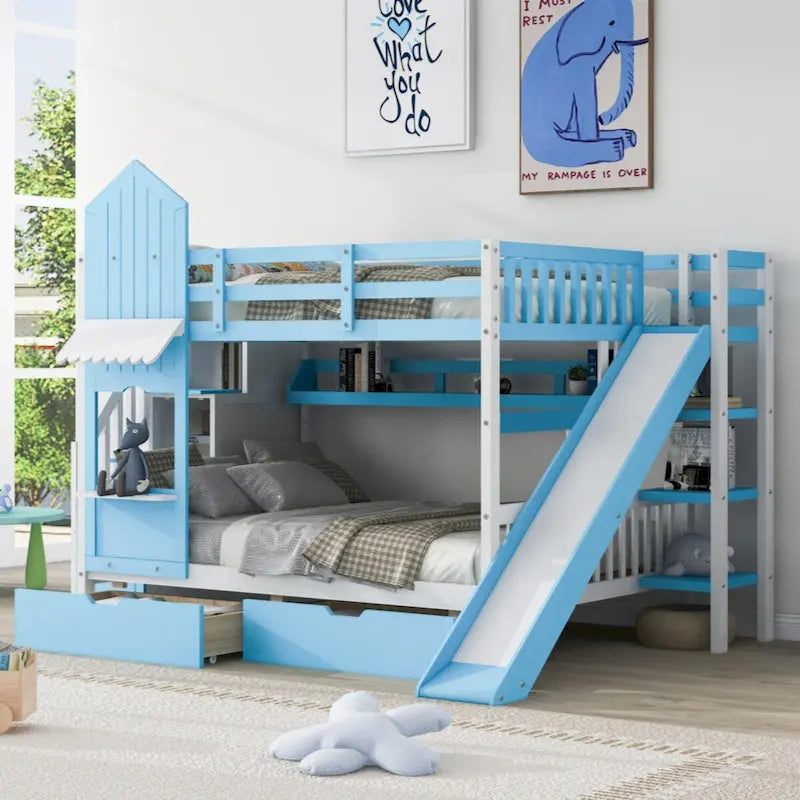 Lit superposé château plein-sur-plein gris/bleu avec toboggan, 2 tiroirs et 3 étagères – Pour 2 personnes