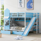 Lit superposé château plein-sur-plein gris/bleu avec toboggan, 2 tiroirs et 3 étagères – Pour 2 personnes