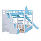 Lit superposé château plein-sur-plein gris/bleu avec toboggan, 2 tiroirs et 3 étagères – Pour 2 personnes