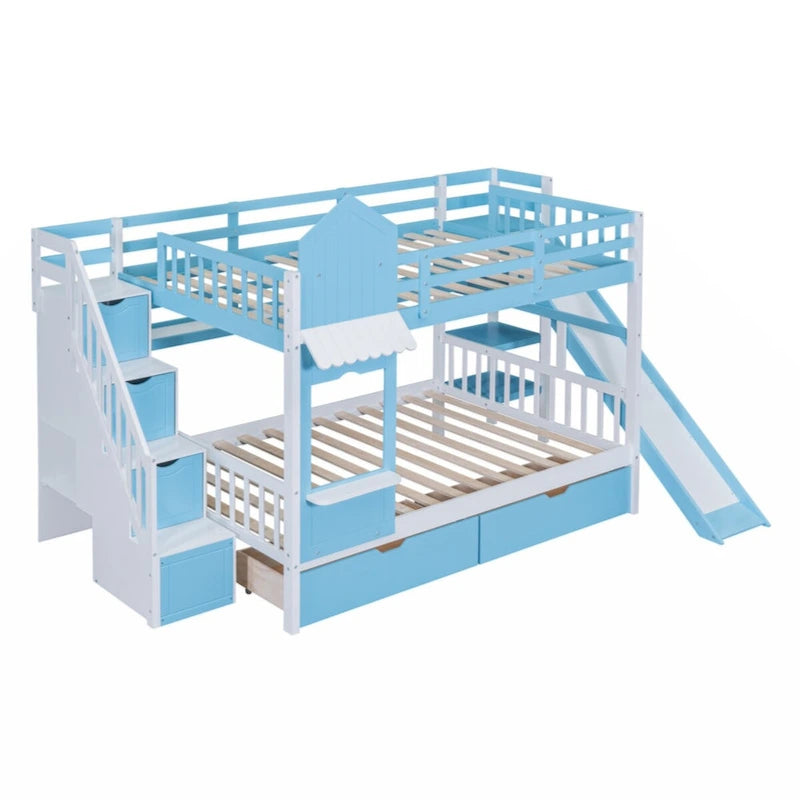 Lit superposé château plein-sur-plein gris/bleu avec toboggan, 2 tiroirs et 3 étagères – Pour 2 personnes