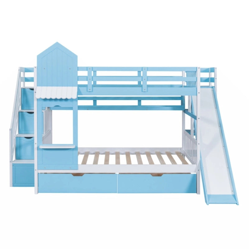 Lit superposé château plein-sur-plein gris/bleu avec toboggan, 2 tiroirs et 3 étagères – Pour 2 personnes
