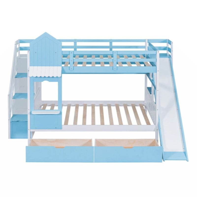 Lit superposé château plein-sur-plein gris/bleu avec toboggan, 2 tiroirs et 3 étagères – Pour 2 personnes