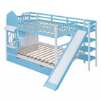 Lit superposé château plein-sur-plein gris/bleu avec toboggan, 2 tiroirs et 3 étagères – Pour 2 personnes