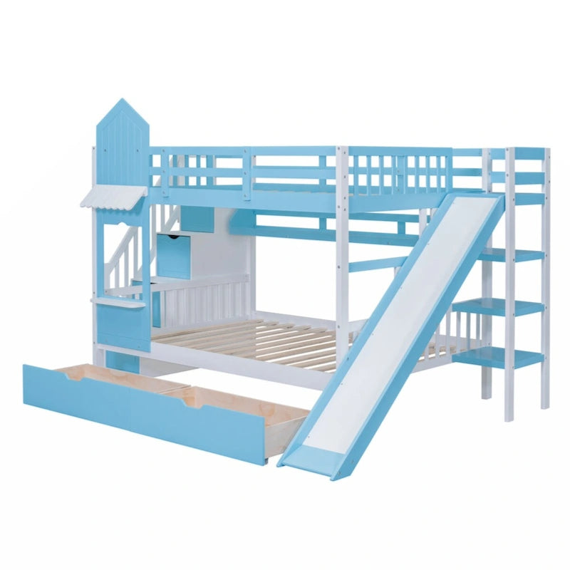 Lit superposé château plein-sur-plein gris/bleu avec toboggan, 2 tiroirs et 3 étagères – Pour 2 personnes