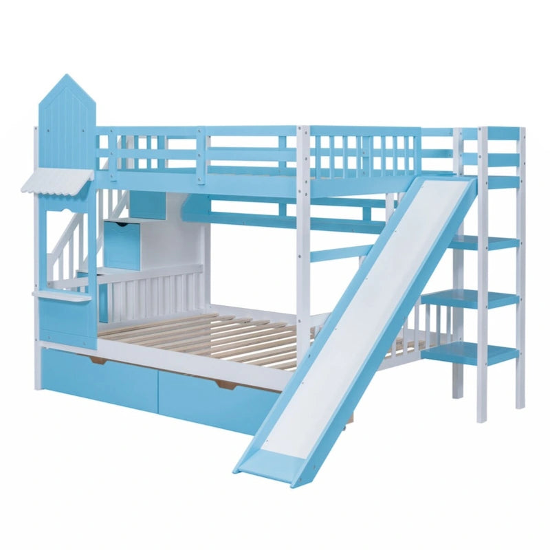 Lit superposé château plein-sur-plein gris/bleu avec toboggan, 2 tiroirs et 3 étagères – Pour 2 personnes