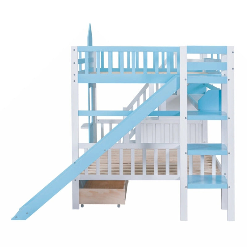 Lit superposé château plein-sur-plein gris/bleu avec toboggan, 2 tiroirs et 3 étagères – Pour 2 personnes