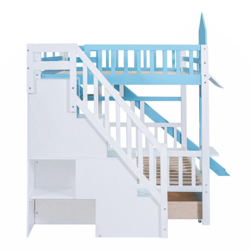 Lit superposé château plein-sur-plein gris/bleu avec toboggan, 2 tiroirs et 3 étagères – Pour 2 personnes