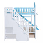 Lit superposé château plein-sur-plein gris/bleu avec toboggan, 2 tiroirs et 3 étagères – Pour 2 personnes