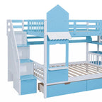 Lit superposé château plein-sur-plein gris/bleu avec toboggan, 2 tiroirs et 3 étagères – Pour 2 personnes