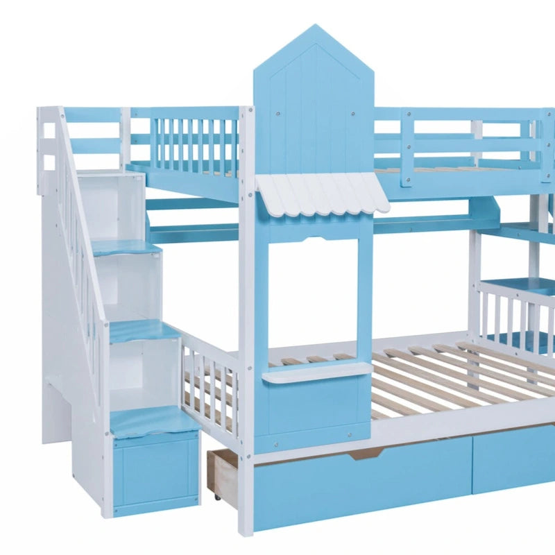 Lit superposé château plein-sur-plein gris/bleu avec toboggan, 2 tiroirs et 3 étagères – Pour 2 personnes
