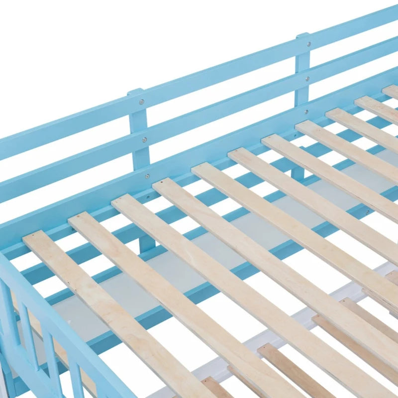 Lit superposé château plein-sur-plein gris/bleu avec toboggan, 2 tiroirs et 3 étagères – Pour 2 personnes