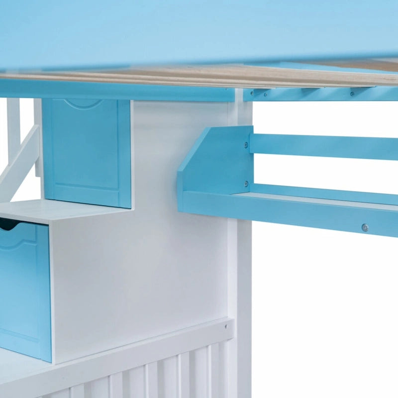Lit superposé château plein-sur-plein gris/bleu avec toboggan, 2 tiroirs et 3 étagères – Pour 2 personnes