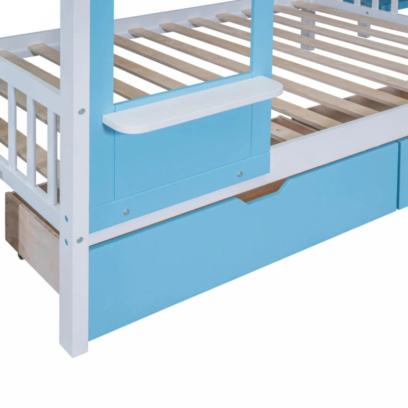 Lit superposé château plein-sur-plein gris/bleu avec toboggan, 2 tiroirs et 3 étagères – Pour 2 personnes