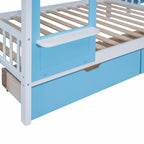 Lit superposé château plein-sur-plein gris/bleu avec toboggan, 2 tiroirs et 3 étagères – Pour 2 personnes
