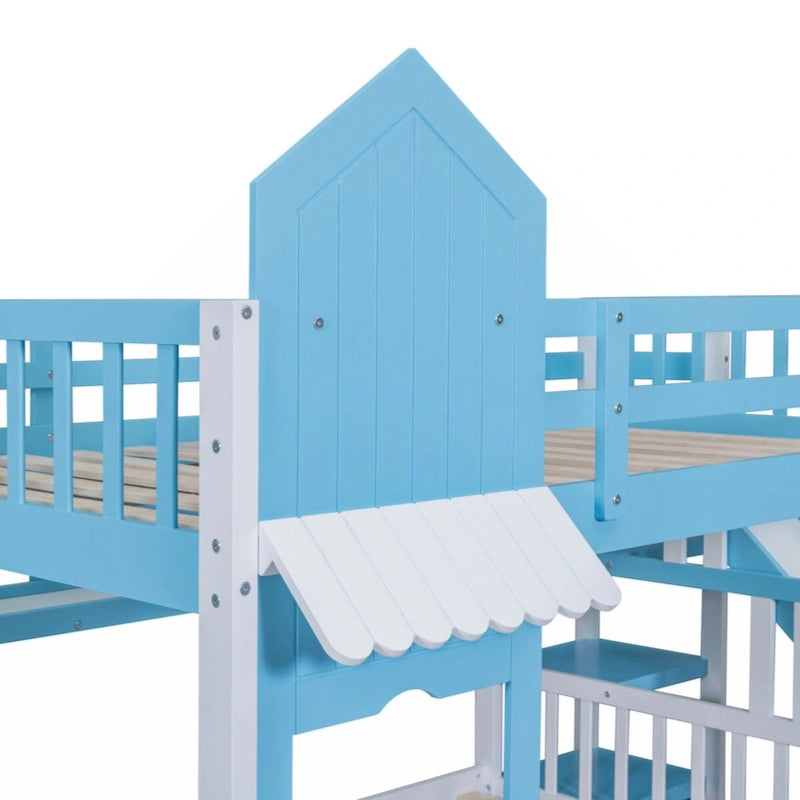 Lit superposé château plein-sur-plein gris/bleu avec toboggan, 2 tiroirs et 3 étagères – Pour 2 personnes