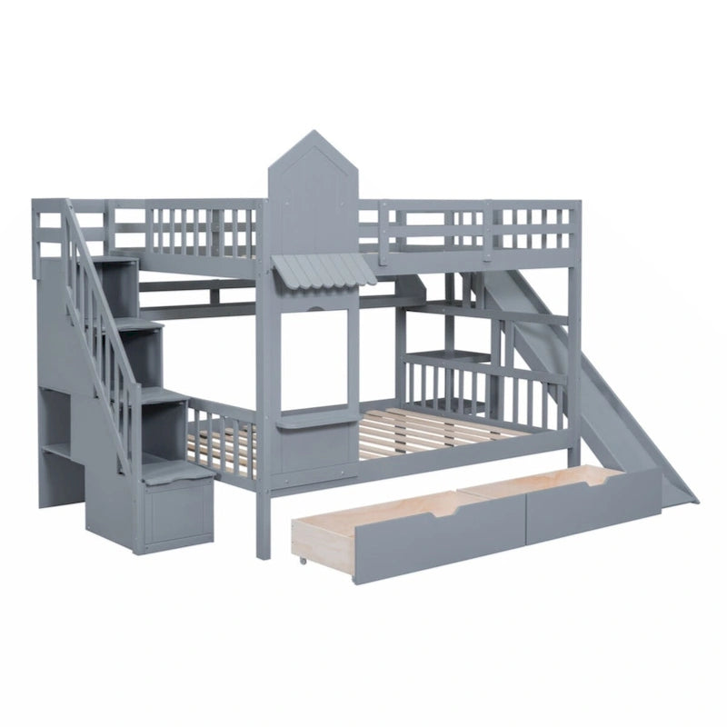 Lit superposé château plein-sur-plein gris/bleu avec toboggan, 2 tiroirs et 3 étagères – Pour 2 personnes