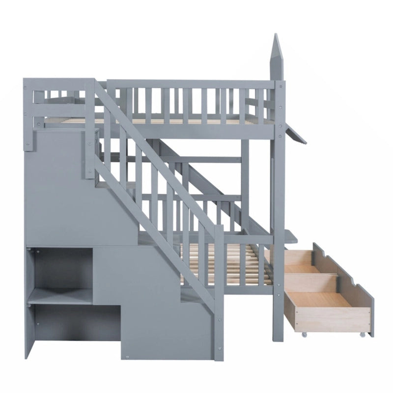 Lit superposé château plein-sur-plein gris/bleu avec toboggan, 2 tiroirs et 3 étagères – Pour 2 personnes