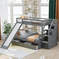 Lit superposé gris double sur entier avec toboggan, tiroirs et barrière de sécurité – 3 couchages