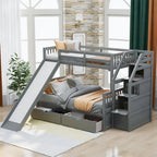 Twin Over Full Bunk Bed with Guardrail, Slide, Drawers