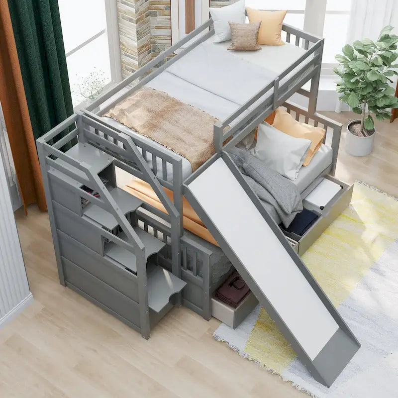 Lit superposé gris double sur entier avec toboggan, tiroirs et barrière de sécurité – 3 couchages