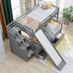 Lit superposé gris double sur entier avec toboggan, tiroirs et barrière de sécurité – 3 couchages