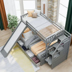 Lit superposé gris double sur entier avec toboggan, tiroirs et barrière de sécurité – 3 couchages
