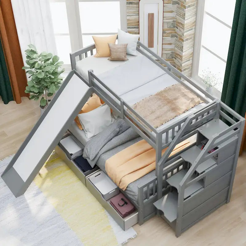 Lit superposé gris double sur entier avec toboggan, tiroirs et barrière de sécurité – 3 couchages