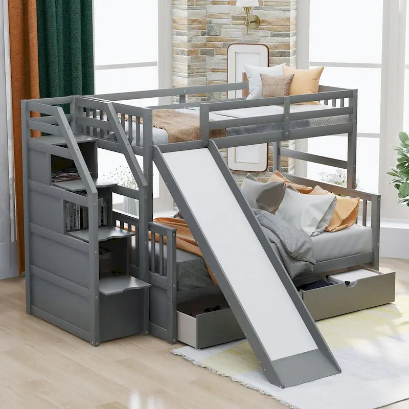 Lit superposé gris double sur entier avec toboggan, tiroirs et barrière de sécurité – 3 couchages