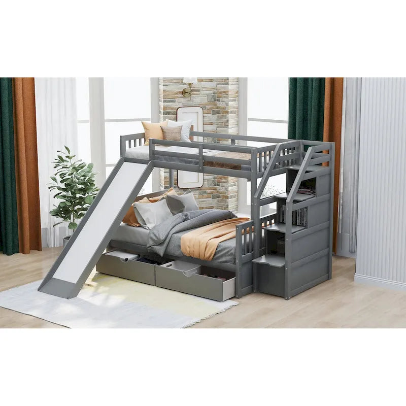 Lit superposé gris double sur entier avec toboggan, tiroirs et barrière de sécurité – 3 couchages