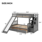 Lit superposé gris double sur entier avec toboggan, tiroirs et barrière de sécurité – 3 couchages