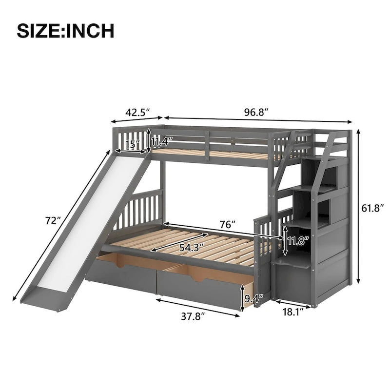 Lit superposé gris double sur entier avec toboggan, tiroirs et barrière de sécurité – 3 couchages