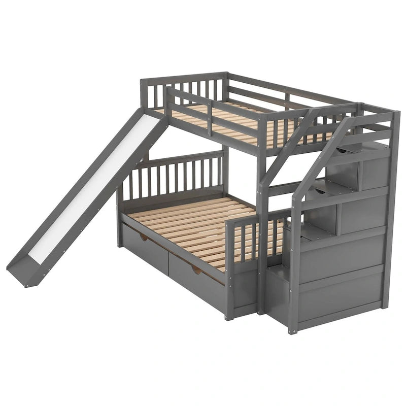 Lit superposé gris double sur entier avec toboggan, tiroirs et barrière de sécurité – 3 couchages