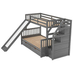 Lit superposé gris double sur entier avec toboggan, tiroirs et barrière de sécurité – 3 couchages