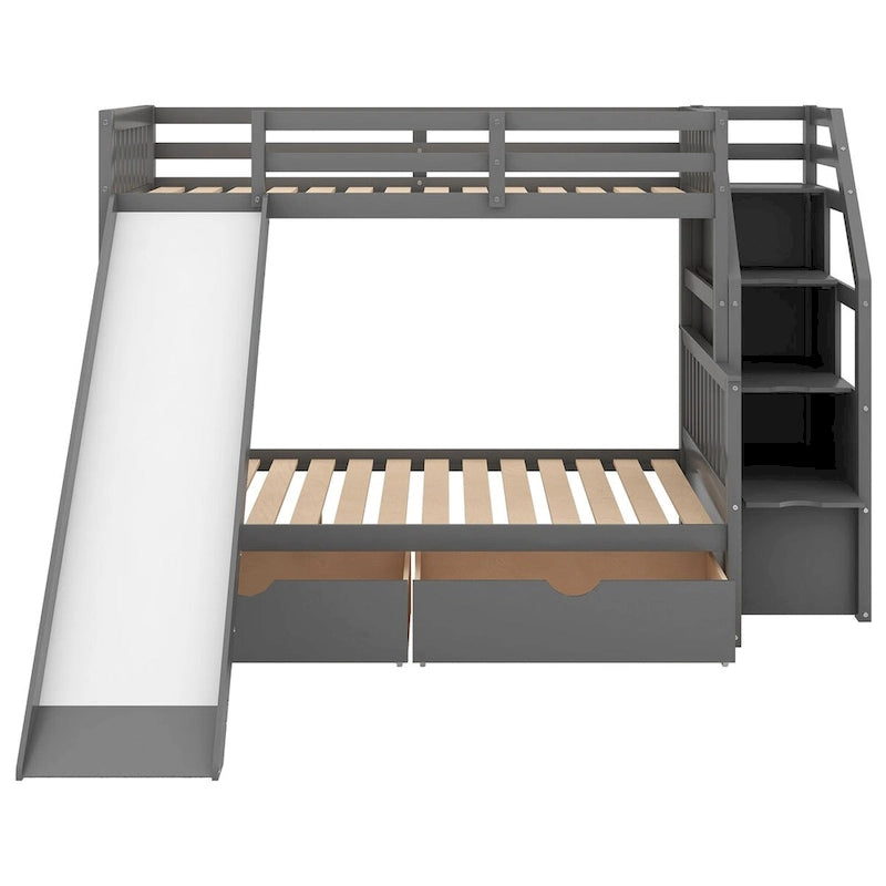 Lit superposé gris double sur entier avec toboggan, tiroirs et barrière de sécurité – 3 couchages