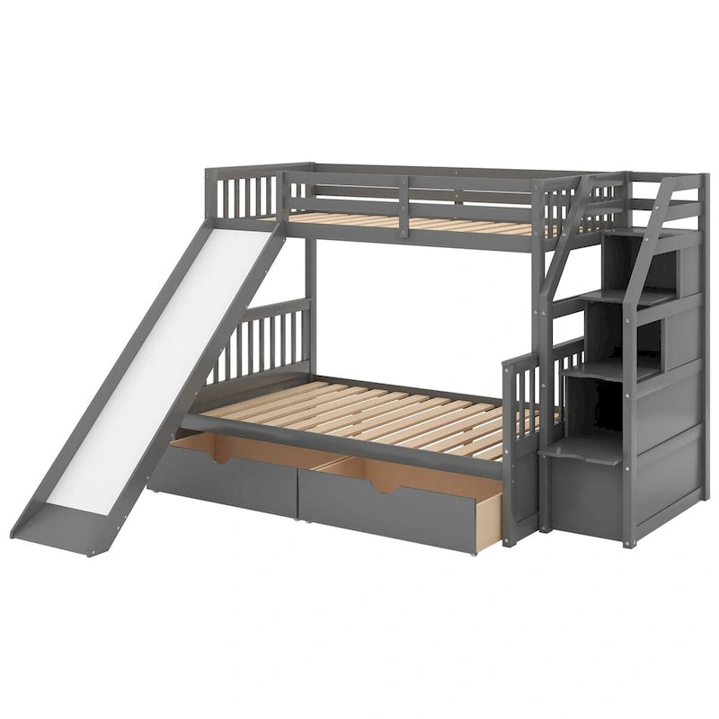 Lit superposé gris double sur entier avec toboggan, tiroirs et barrière de sécurité – 3 couchages