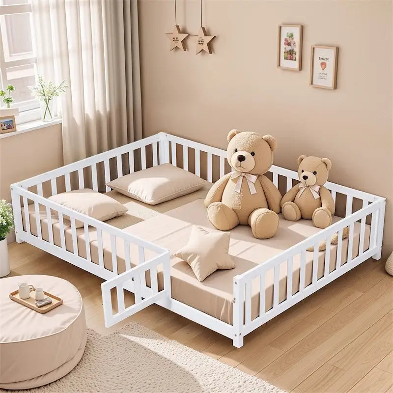 Full Size Floor Platform Bed w/ Fence and Door for Kids, Support Slats
