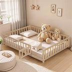 Lit cabane au sol pour enfants avec clôture et porte, taille double, pour 1 enfant - Naturel / Gris / Blanc