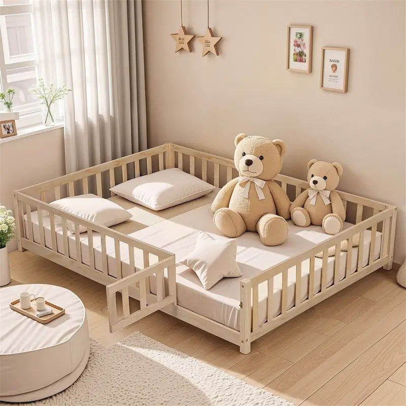 Lit cabane au sol pour enfants avec clôture et porte, taille double, pour 1 enfant - Naturel / Gris / Blanc