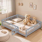 Lit cabane au sol pour enfants avec clôture et porte, taille double, pour 1 enfant - Naturel / Gris / Blanc