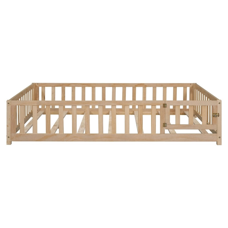 Lit cabane au sol pour enfants avec clôture et porte, taille double, pour 1 enfant - Naturel / Gris / Blanc
