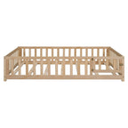 Lit cabane au sol pour enfants avec clôture et porte, taille double, pour 1 enfant - Naturel / Gris / Blanc
