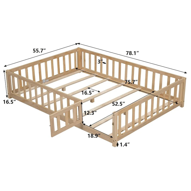 Lit cabane au sol pour enfants avec clôture et porte, taille double, pour 1 enfant - Naturel / Gris / Blanc
