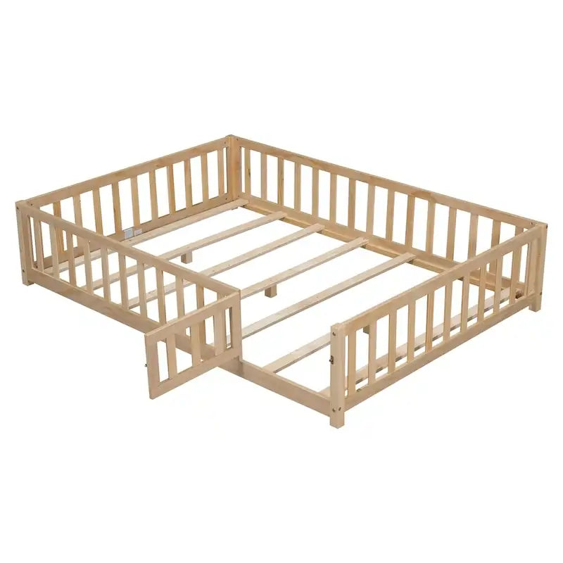 Lit cabane au sol pour enfants avec clôture et porte, taille double, pour 1 enfant - Naturel / Gris / Blanc