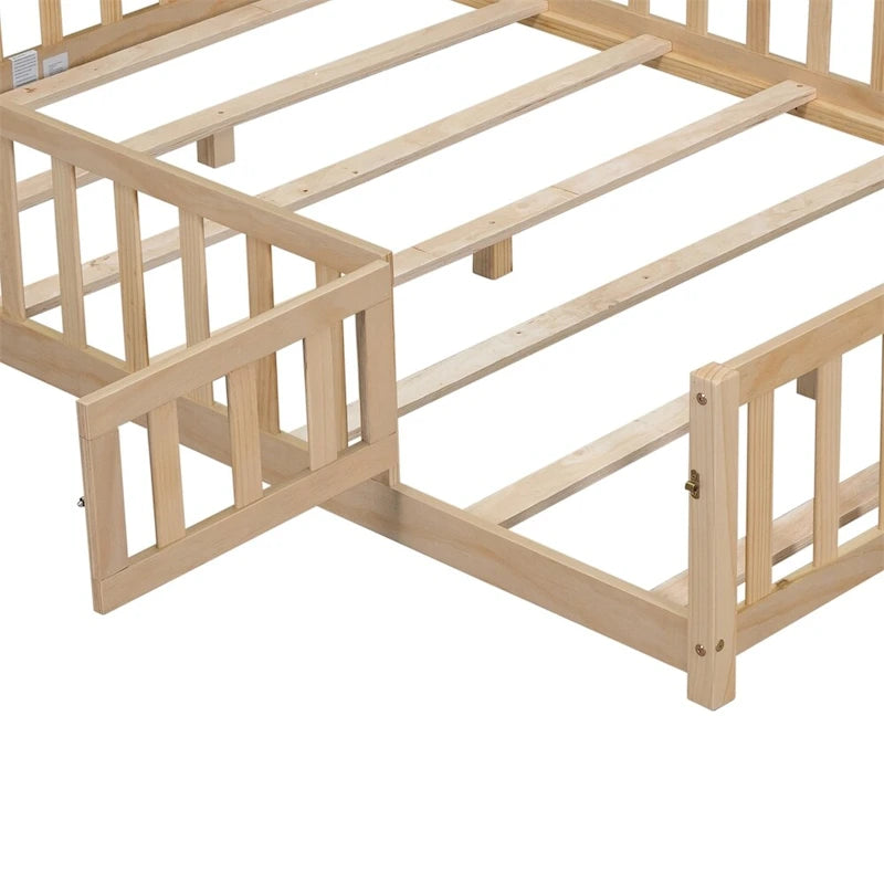 Lit cabane au sol pour enfants avec clôture et porte, taille double, pour 1 enfant - Naturel / Gris / Blanc