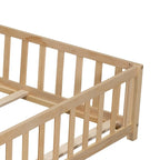 Lit cabane au sol pour enfants avec clôture et porte, taille double, pour 1 enfant - Naturel / Gris / Blanc